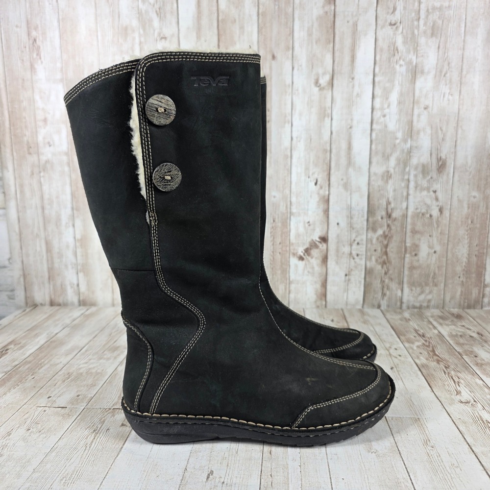 Teva Womens Black Nubuckโ Leather Shearling Lined Mid Calf Winter Boots Size 6